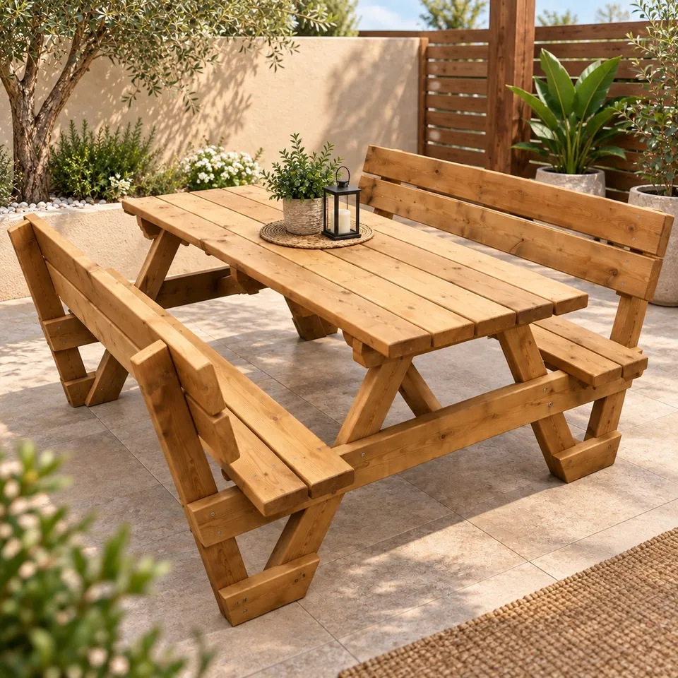 Wooden picnic table with benches and backrests