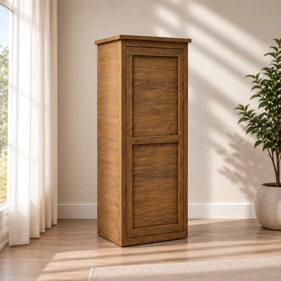 Tall wooden storage cabinet with one door