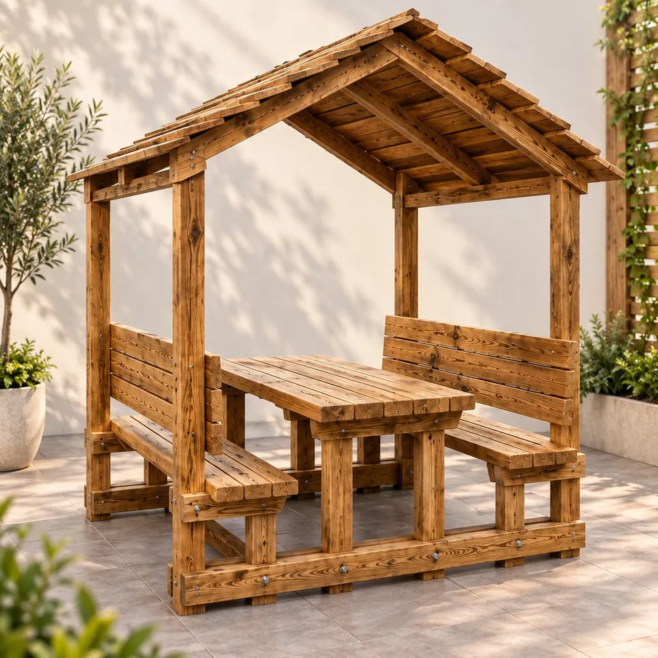 Covered wooden outdoor picnic table with integrated seating