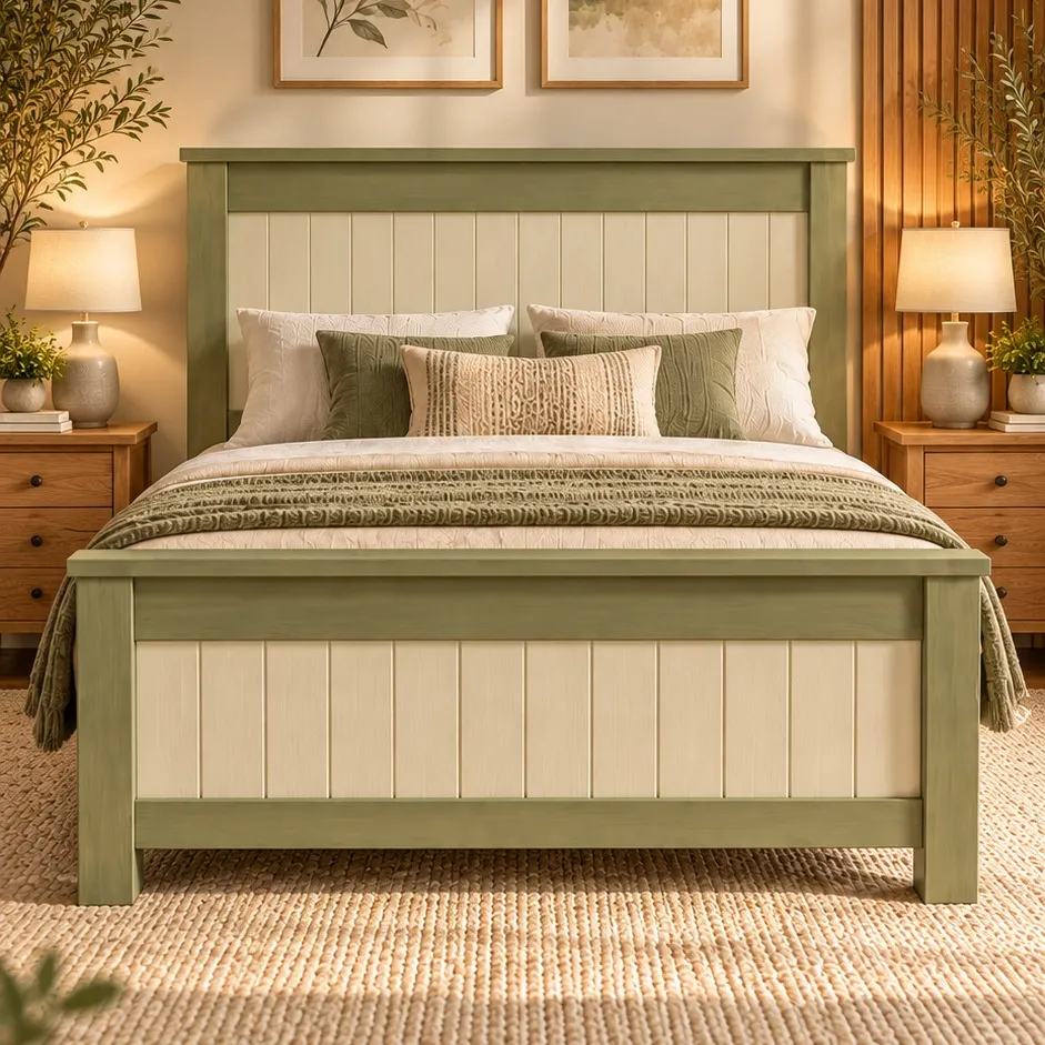Queen size farmhouse wooden bed front view - 1