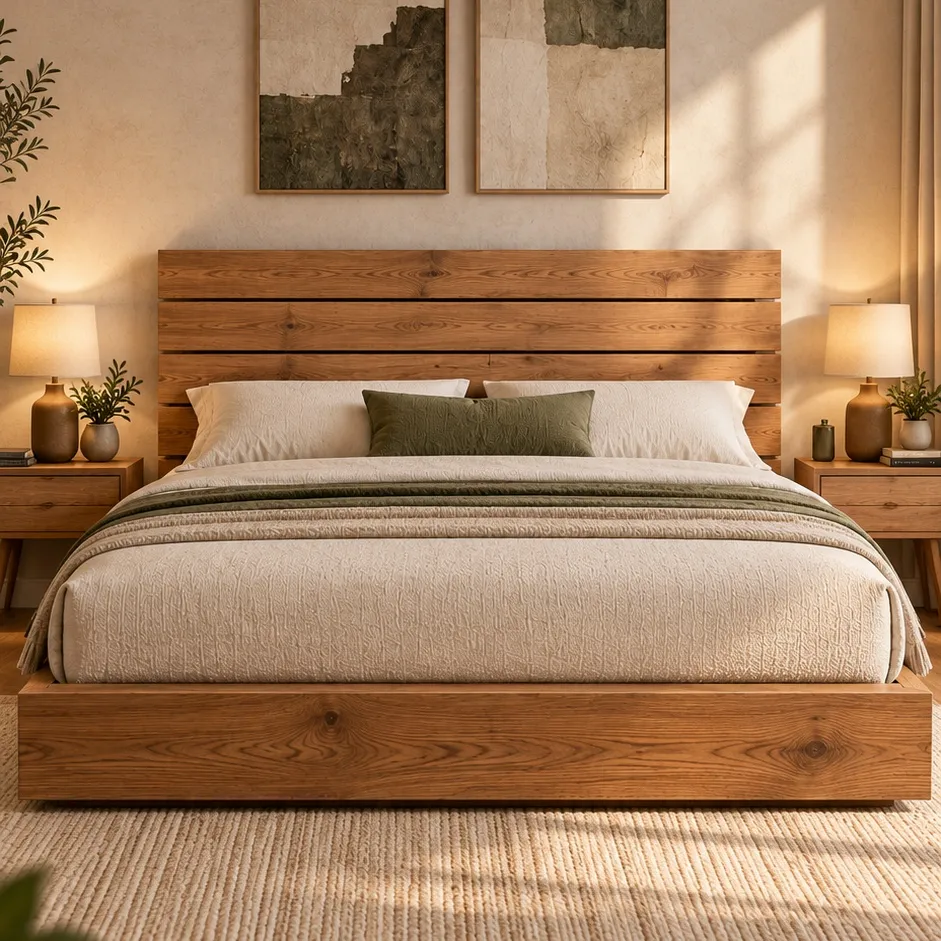 King size wooden platform bed front view - 1
