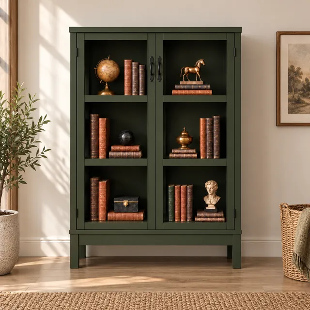 Green display cabinet with shelves for books and decor