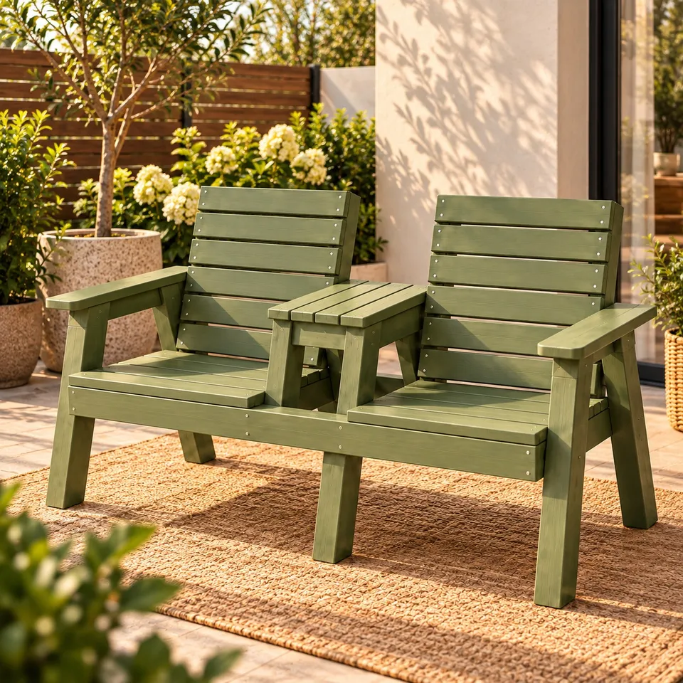 Wooden double chair bench with table