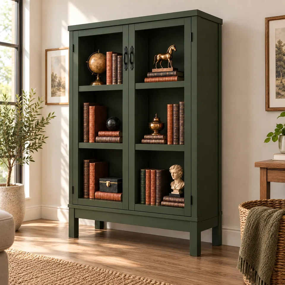 Green wooden cabinet from a side angle. - 1