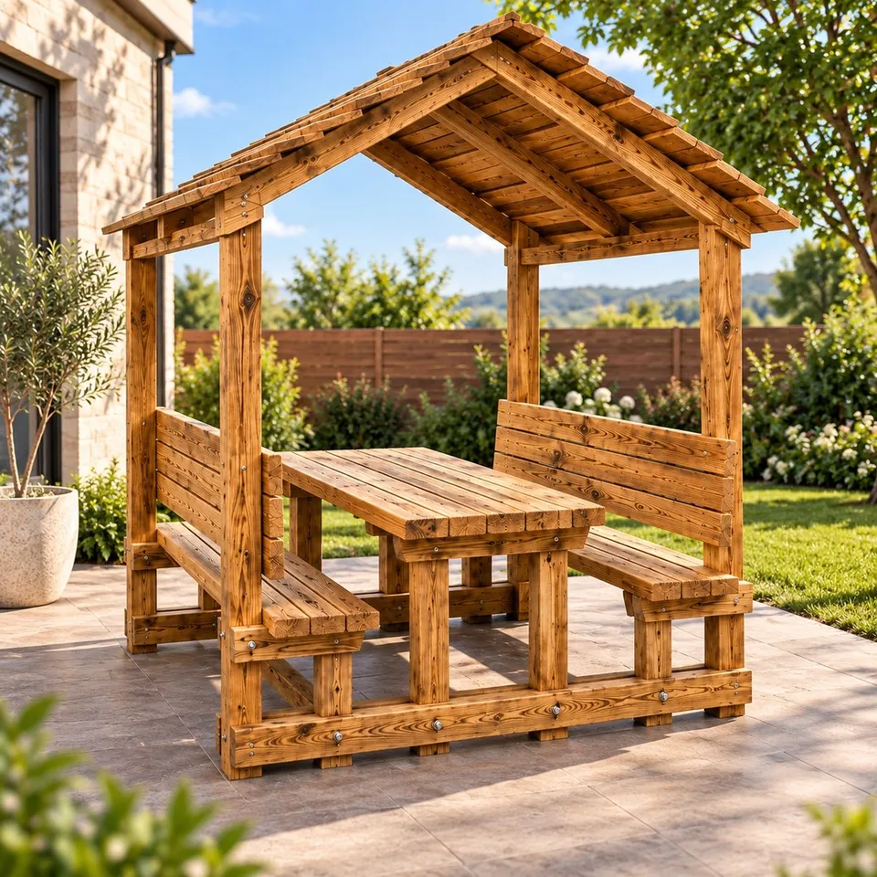 Wooden picnic table with roof - 1