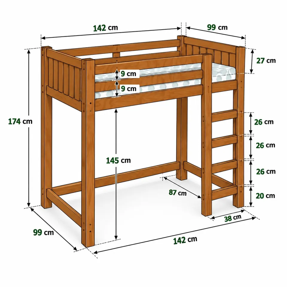 Wooden loft bed with ladder dimensions - 2