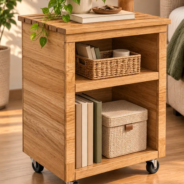 Wooden nightstand with wheels and shelves