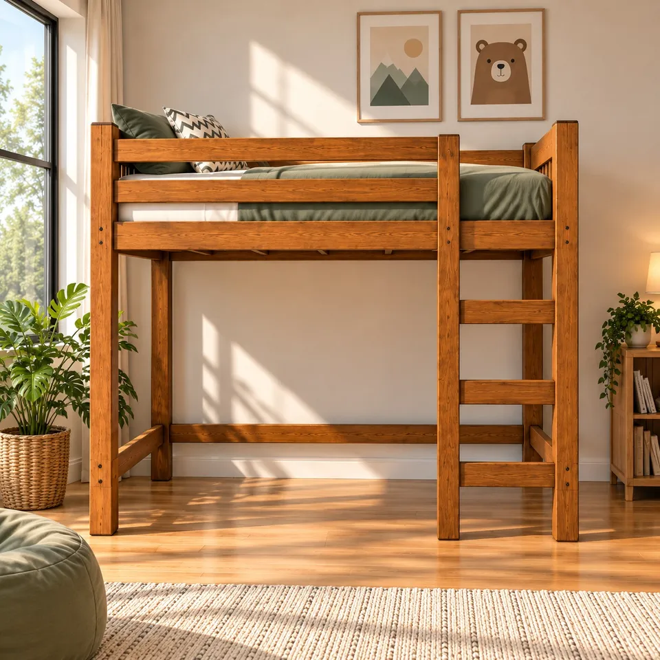 Wooden loft bed with ladder front view - 1