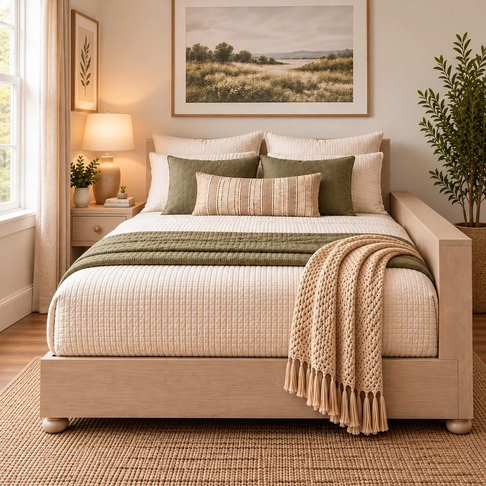 Wooden bed with storage shelves - 1