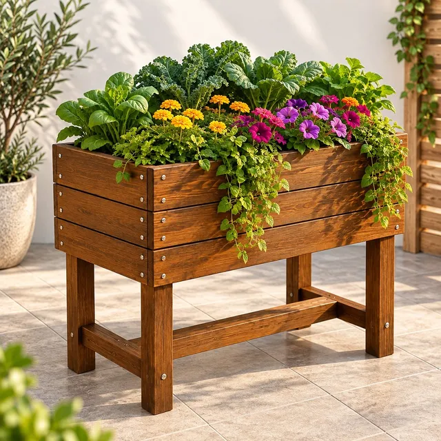 Wooden raised planter with flowers and vegetables