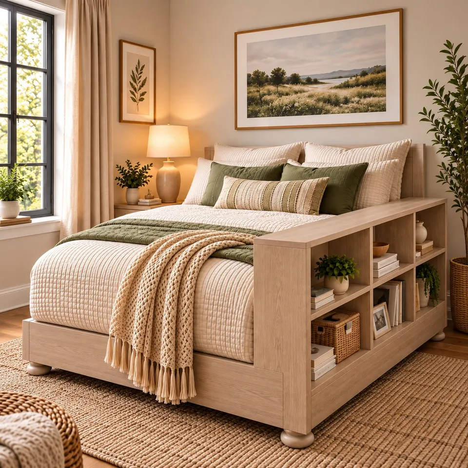 Wooden bed with storage shelves