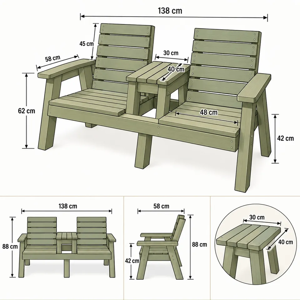 Wooden double chair bench dimensions - 2