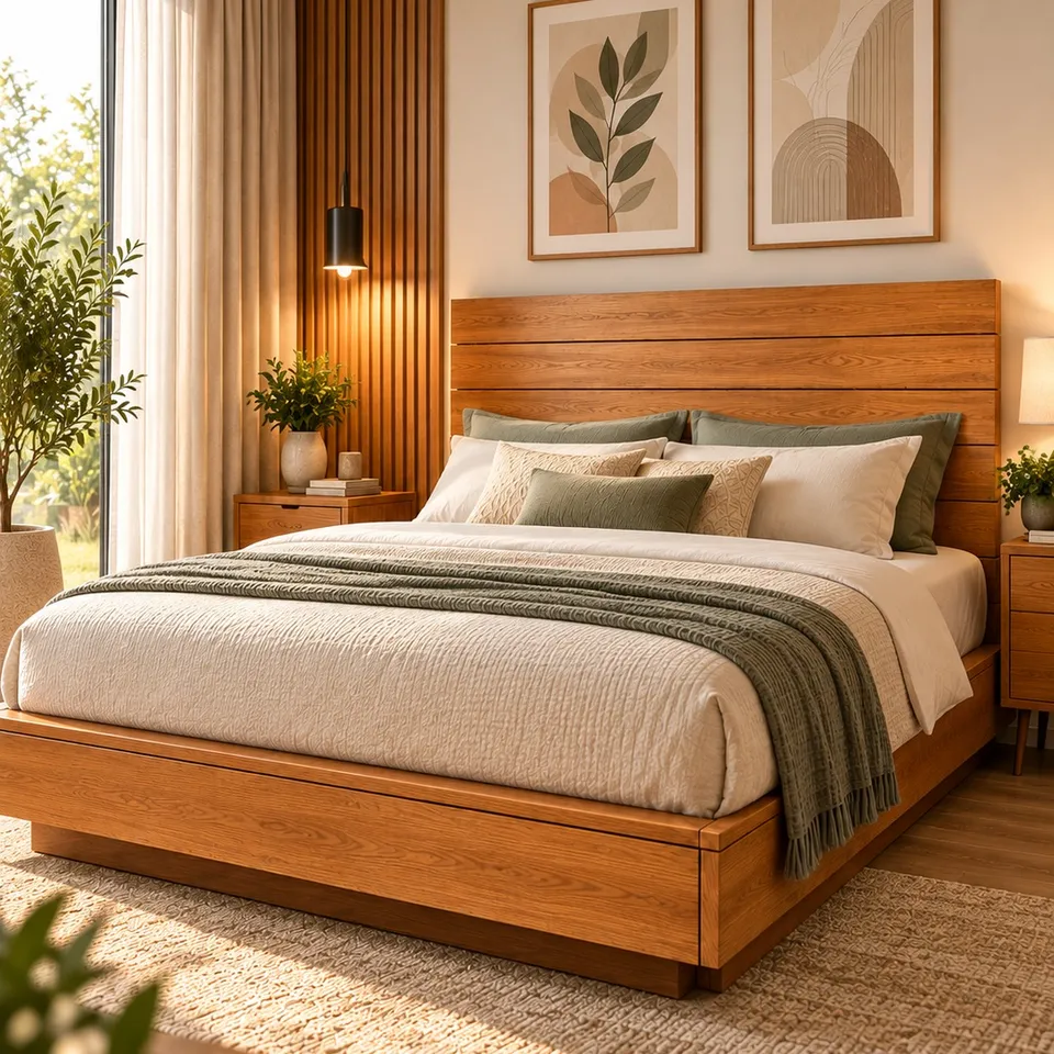 Queen size wooden floating bed