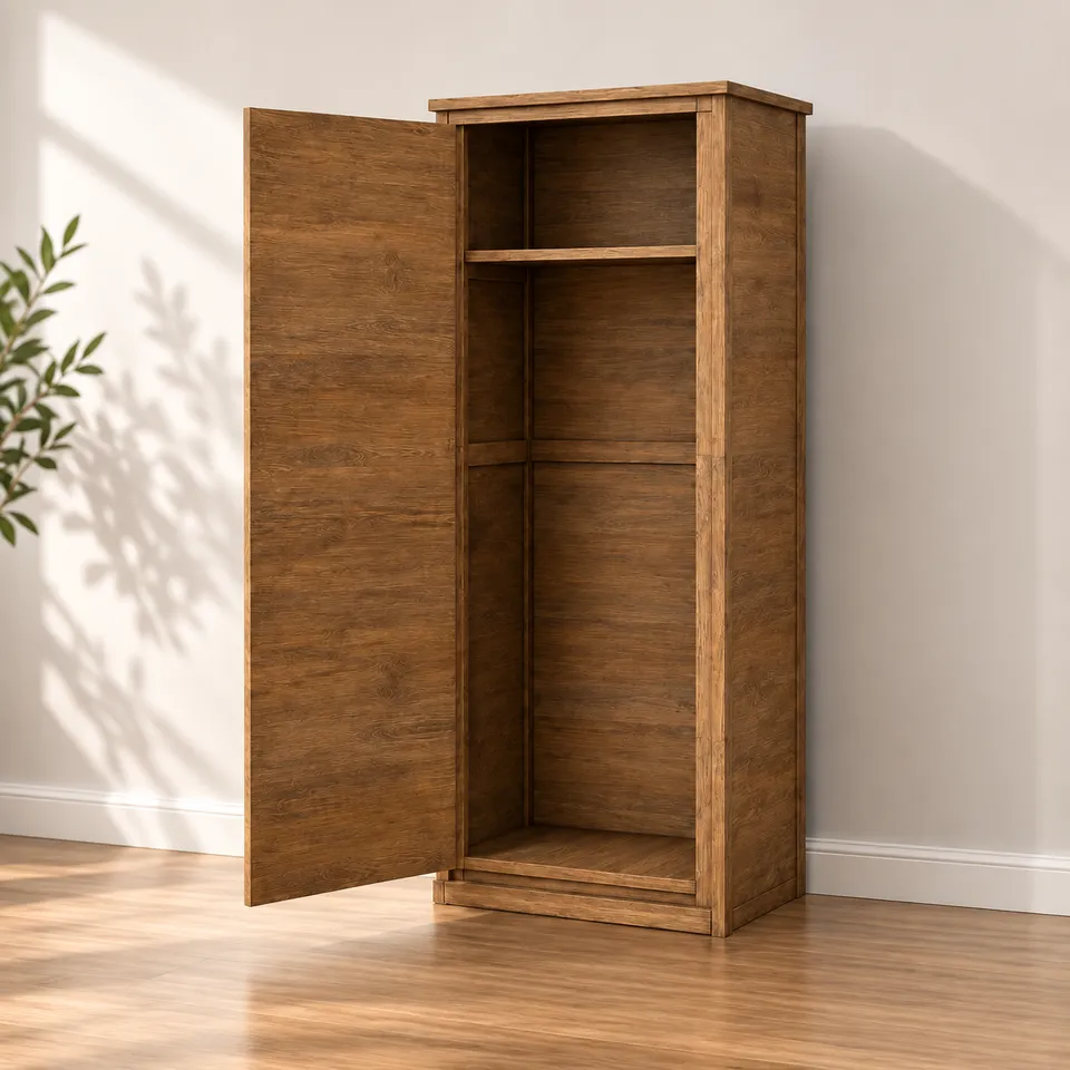 Open wooden storage cabinet with one door and interior shelf - 1