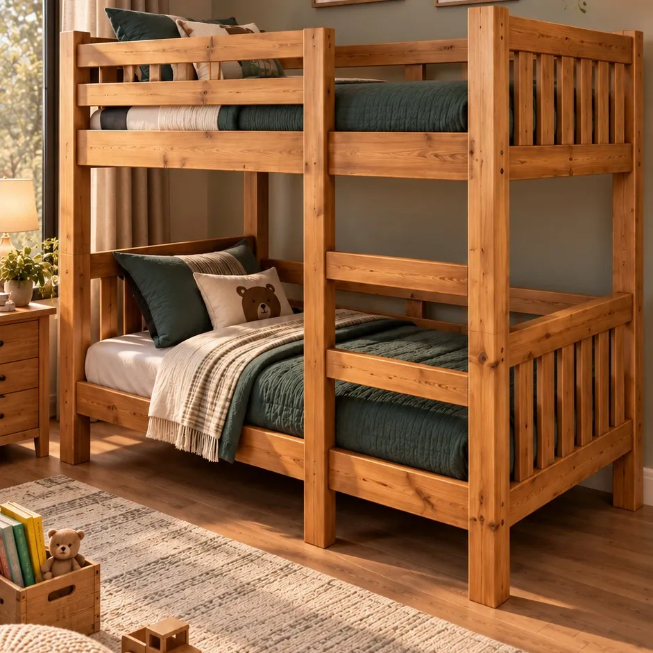 Wooden single bunk bed with slatted design and upper safety rails in a bedroom
