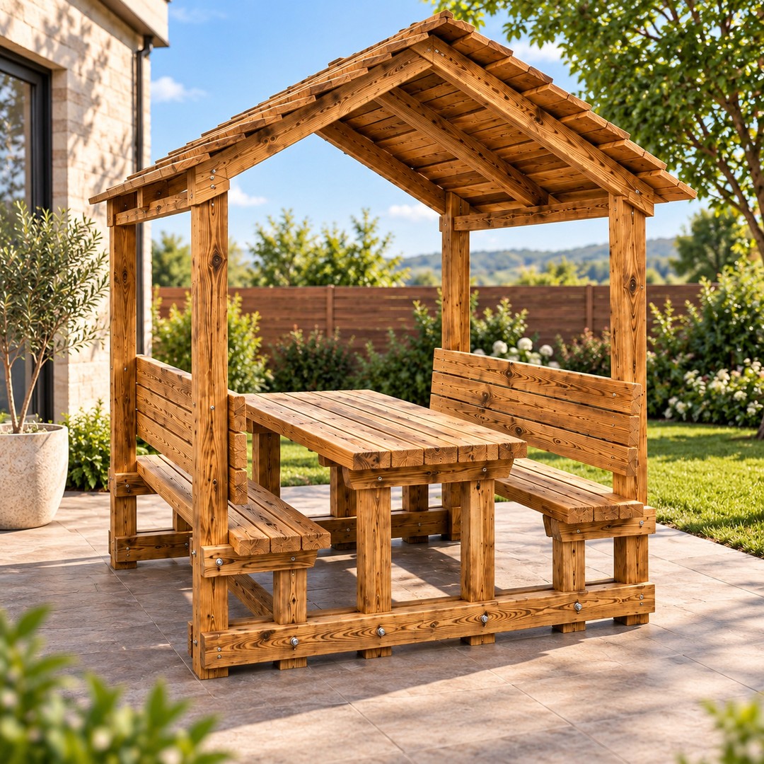 Wooden picnic table with roof - 1