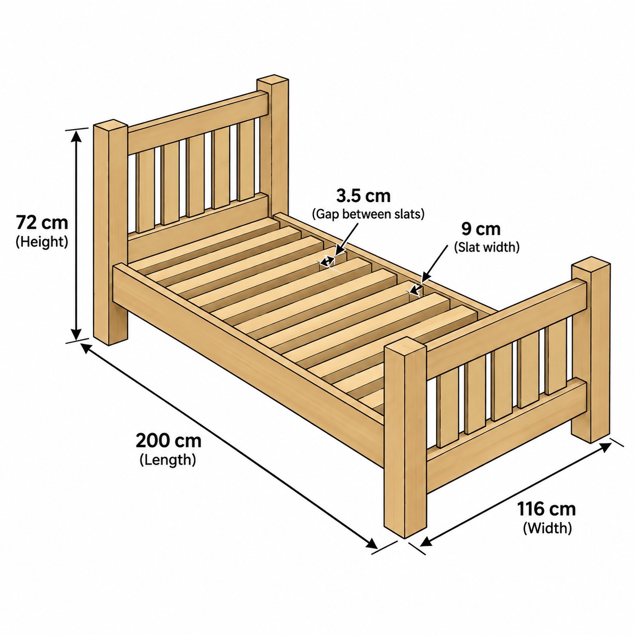 Wooden single bed dimensions diagram - 2
