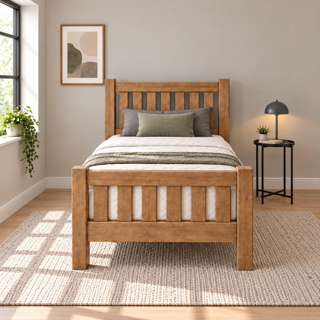 Wooden single bed with slatted design and natural wood finish in a modern bedroom - 1
