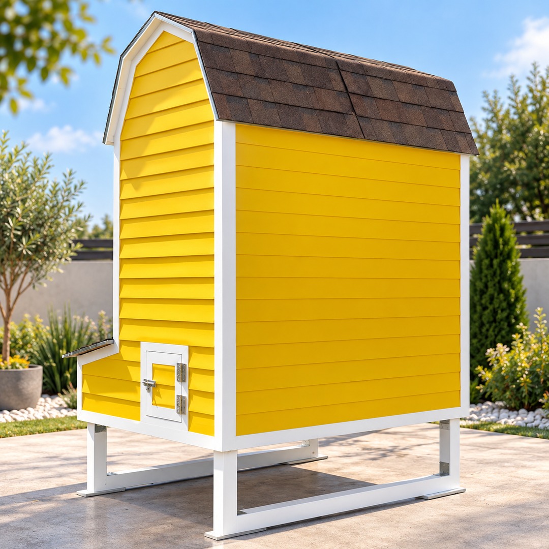 Yellow wooden chicken coop side view - 1