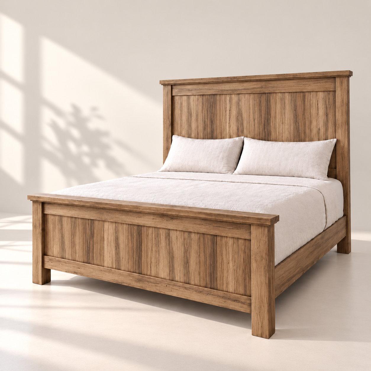 King size farmhouse wooden bed with tall headboard