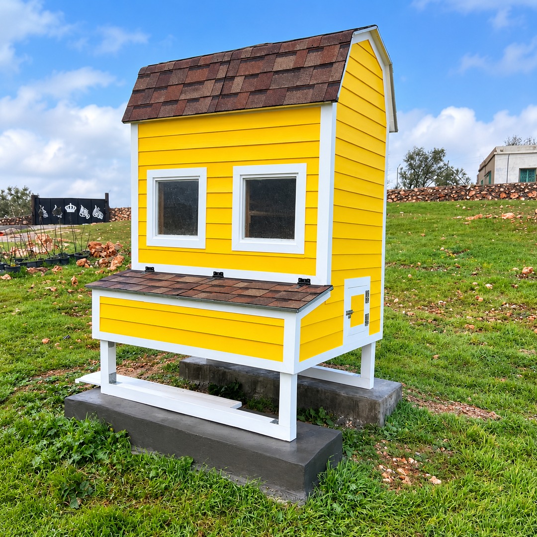 Yellow wooden chicken coop for garden