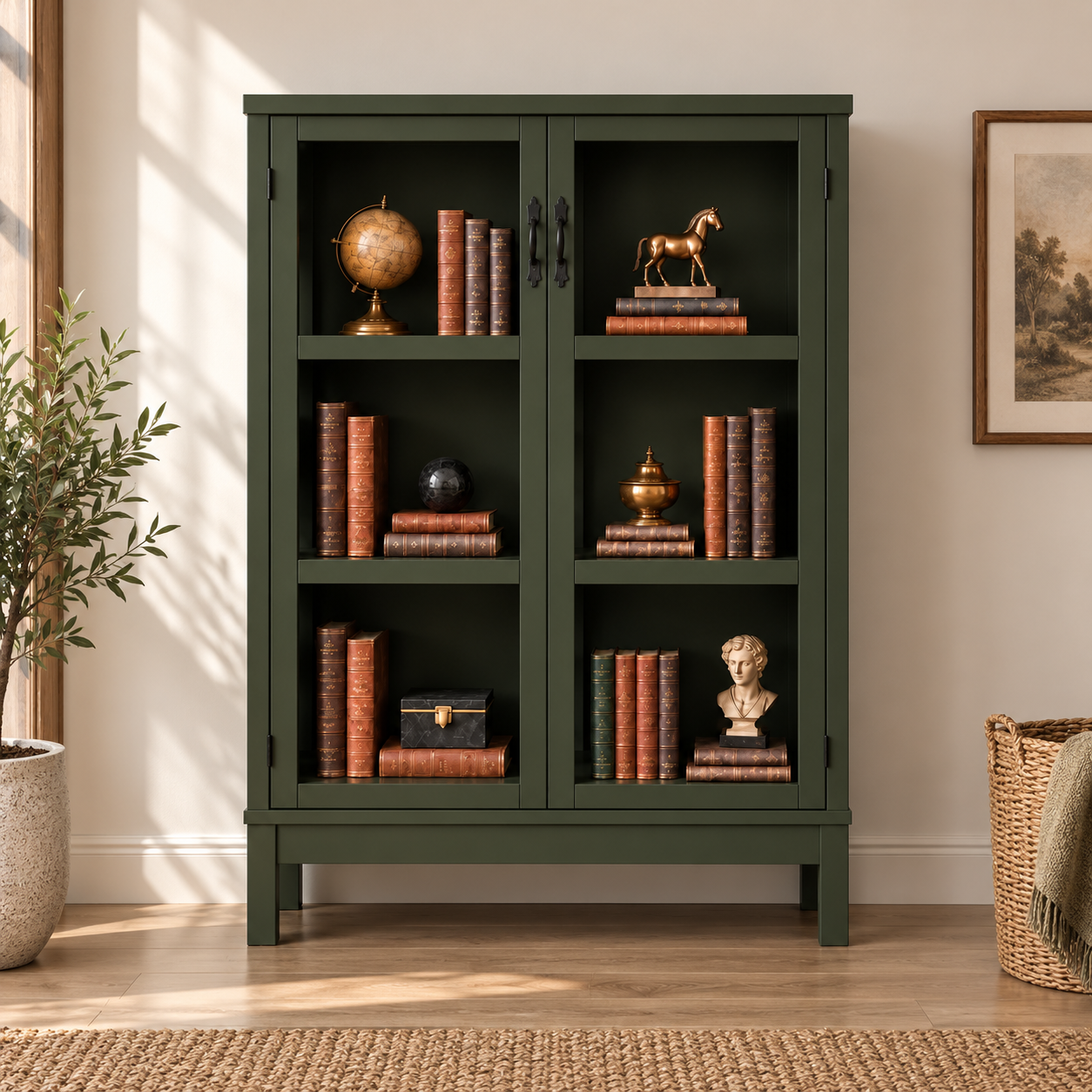 Green display cabinet with shelves for books and decor