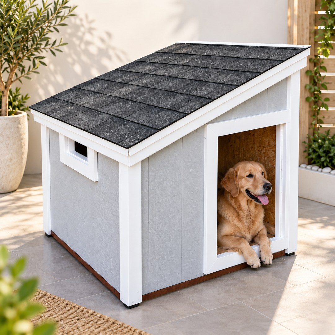 White wooden dog house with black sloped roof and side window