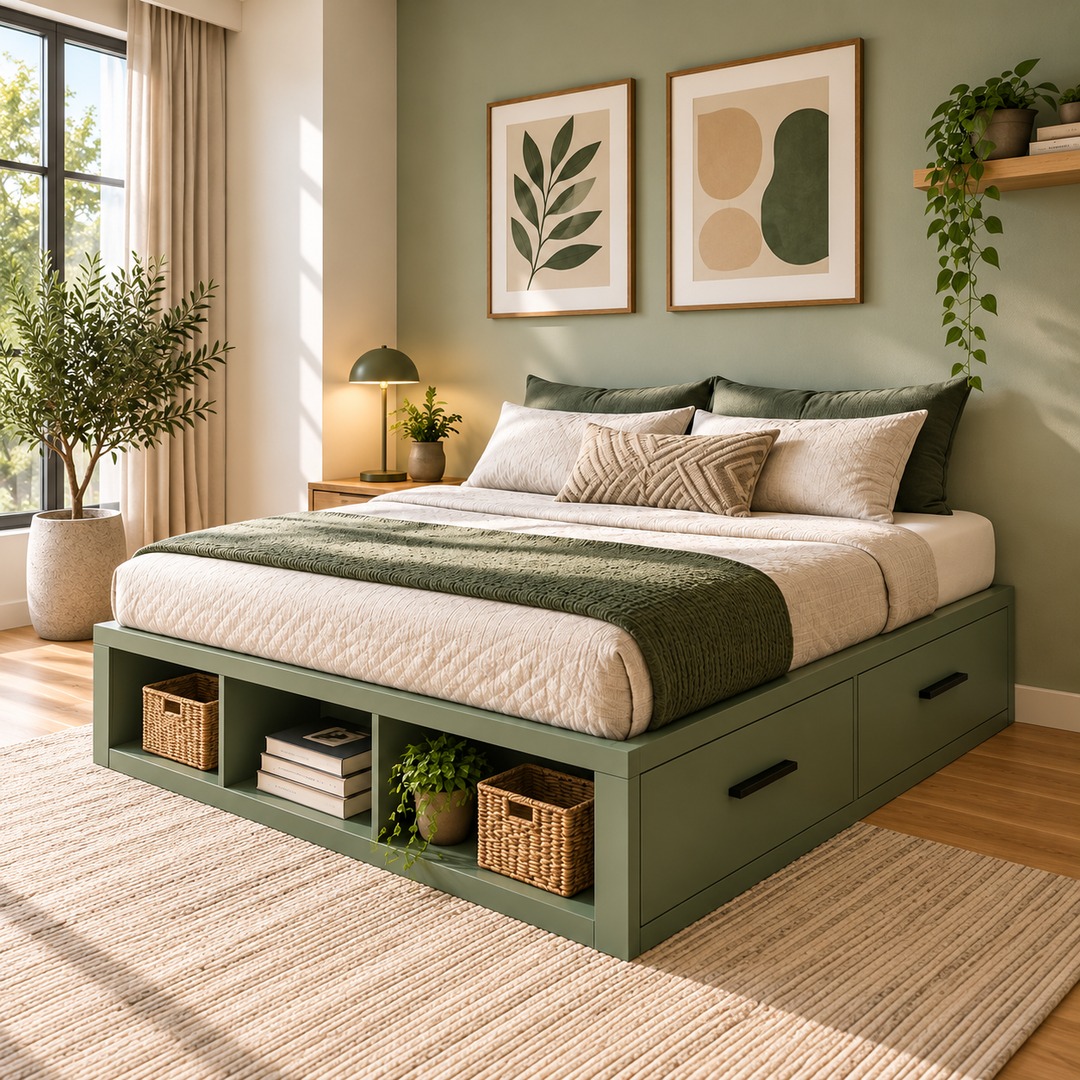Green queen storage bed with drawers and built-in storage compartments
