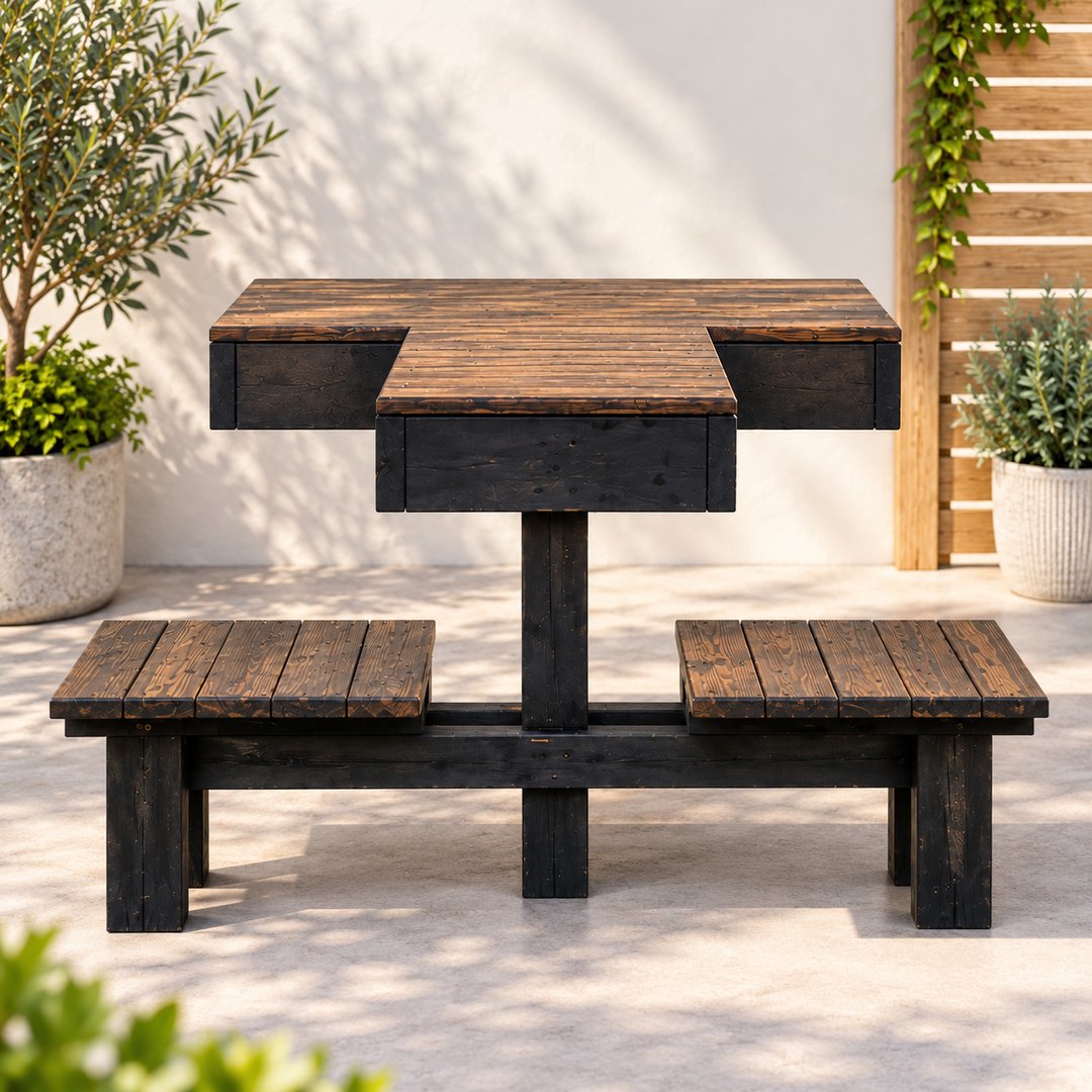 Wooden outdoor hunting table with T-shaped design