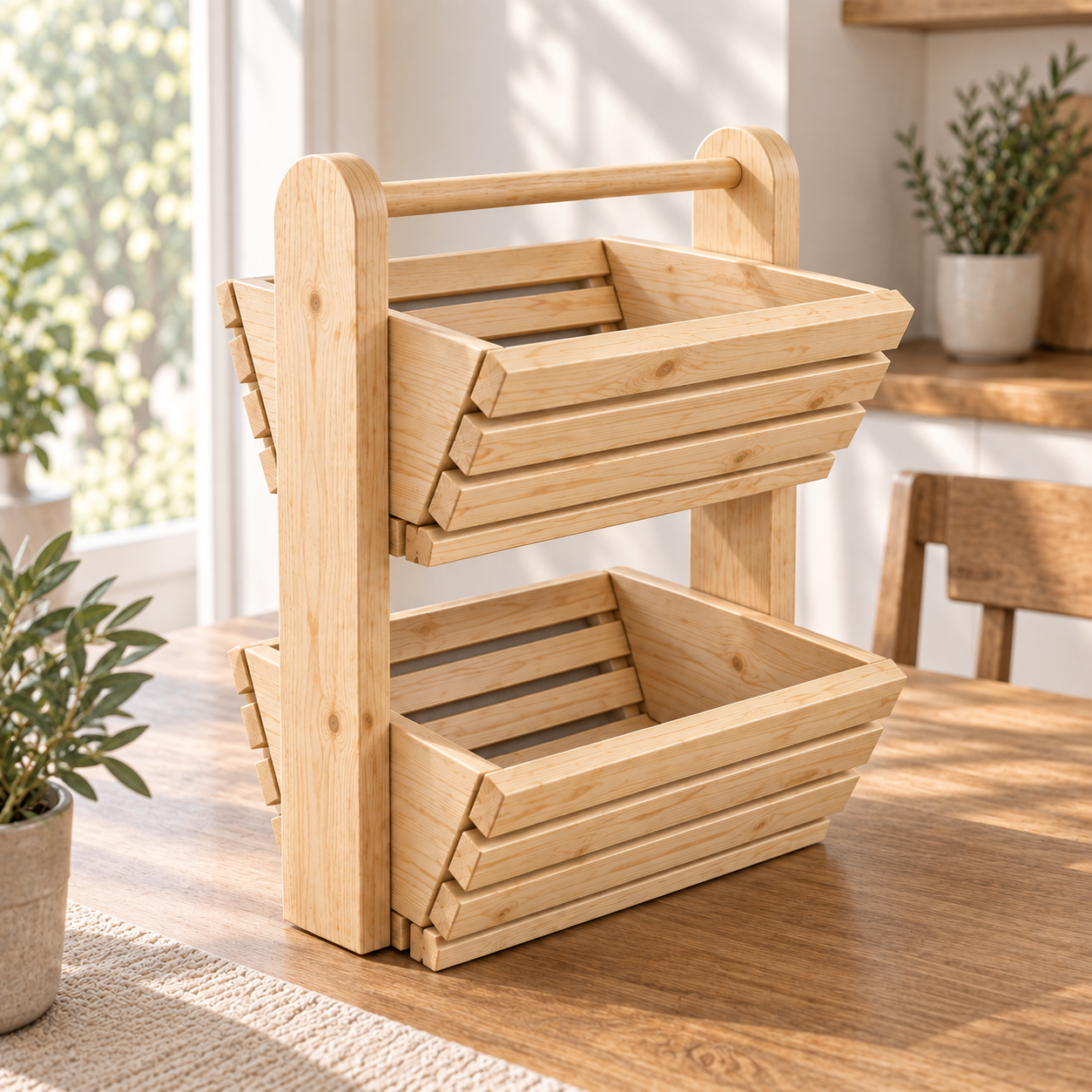 Two-tier wooden fruit and vegetable storage basket