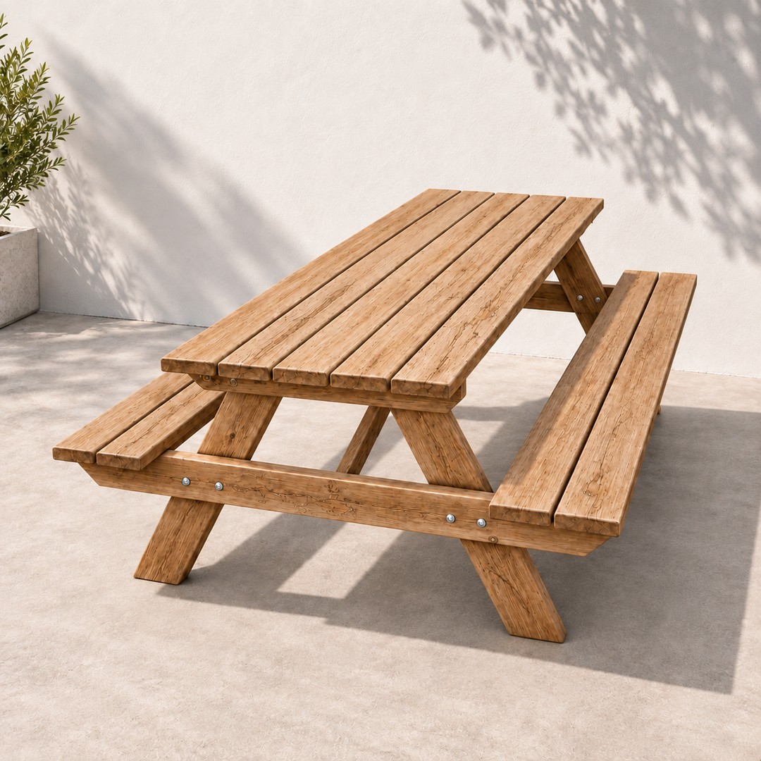 Wooden picnic table with integrated benches