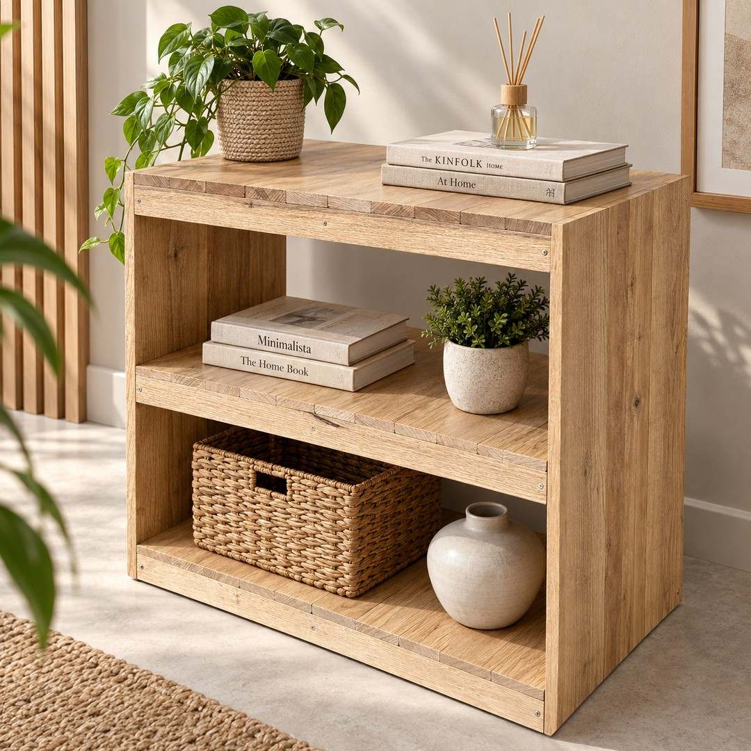3-tier open wooden storage rack with natural finish